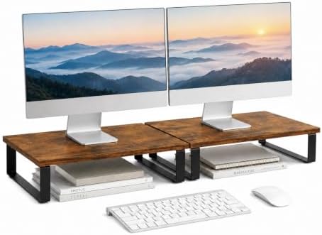 XINYAO 2 Pack Monitor Riser for Desk, Wood and Steel, 16*12*3 inch, Brown
