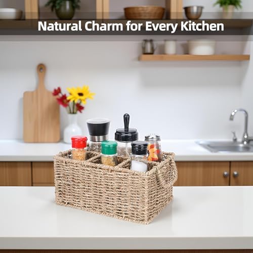 Wicker Party Silverware Caddy, Seagrass Plastic Cutlery Utensil Holder, Hand Woven with Handles, Kitchen Countertop and 