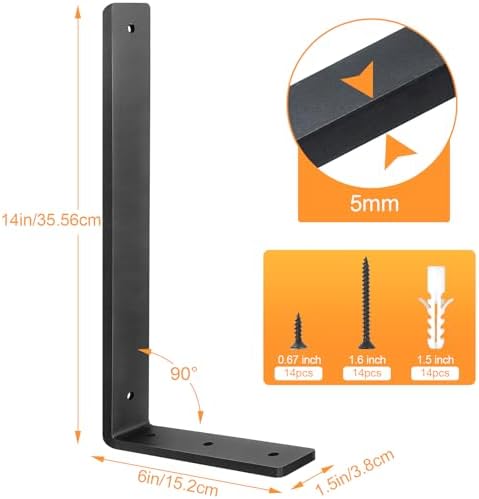 Floating Shelf Bracket 14 Inch, 10 Pack Heavy Duty Shelf Brackets, Black Wall Shelf Bracket for DIY Decorative with Moun