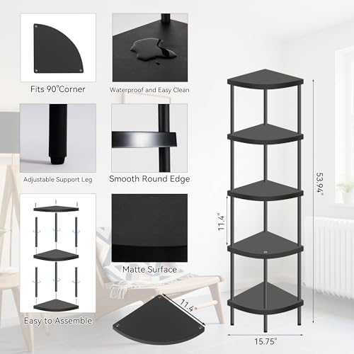 Qupui 5 Tier Plastic Corner Shelf Stand, 54” Tall 90° Right Angle Corner Bookshelf, Multipurpose Plant Display Rack, Hom