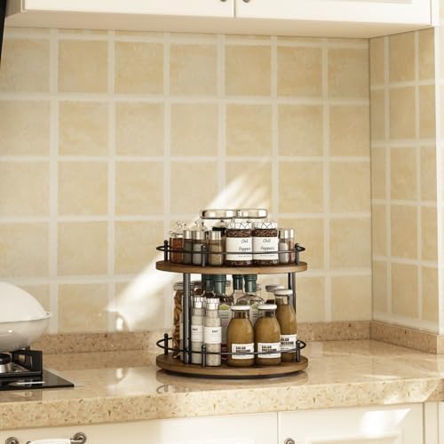 2 Tier Lazy Susan Organizer,2-Tier Spinning Spice Rack with Stable Carousel Base & 4 Height Settings for Cupboard Kitche