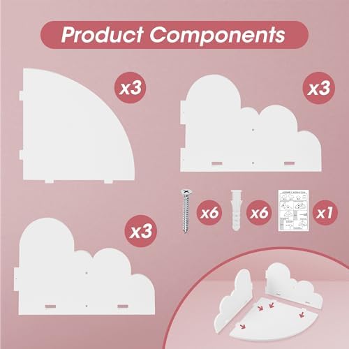 White Cloud Floating Corner Shelves Set of 3, Corner Shelves Wall Mounted for Kids Room Nursery, Cloud Decor Wall Shelf 