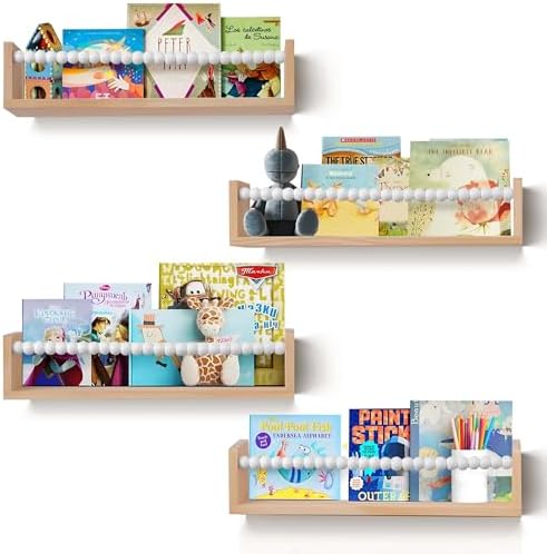 Nursery Shelves Set of 4,White Floating Book Shelves for Wall,Nursery Book Shelves for Kids Room,Kids Bookshelf (Set of 