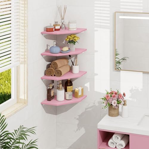 Homode Corner Shelf Wall Mount, Set of 4 Corner Floating Shelves, Wood Hanging Storage Shelving with Cord Hole, Wall She