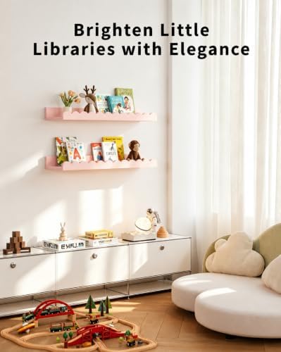 Shario Nursery Book Shelves, 4-Pack White Floating Shelves for Wall Kids, Scalloped Shelves, Wall Book Shelves for Bedro