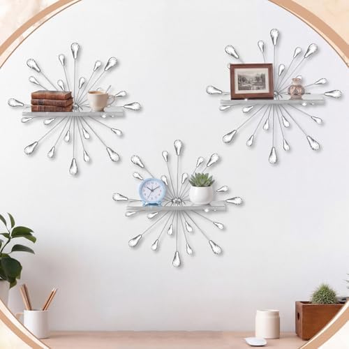 Yaocom Set of 3 Crystal Floating Wall Shelves, Silver Teardrop Metal Wall Mount Storage Shelf, Decorative Floating Displ