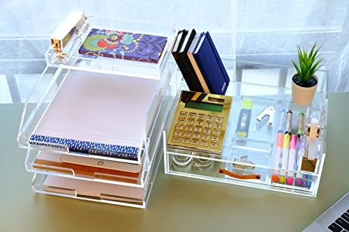Acrylic Desk Organizer Drawer + Inbox with Letter Tray 12.6” x 10.6” x 5”, A4 Size, Clear