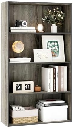 4-Tier Wood Open Bookshelf, Engineered Wood Rustic Book Shelves with 3 Shelves, 9 Inch Deep Small Bookcase for Small Spa