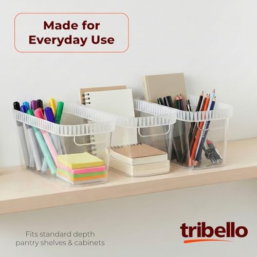 Tribello Narrow Storage Bins – Slim, Clear Plastic Storage Basket, Clear Organizer for Tight Spaces (2 Pack, 15” x 6” x 