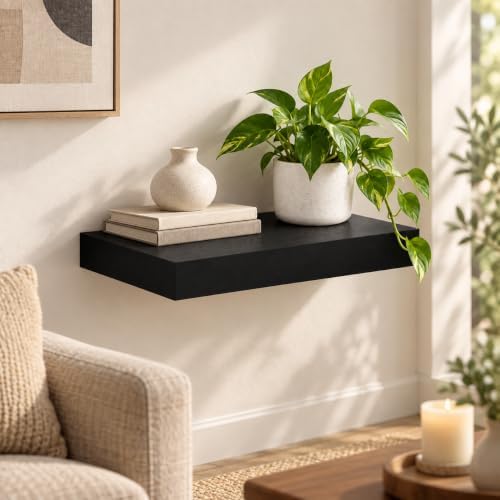 WELLAND 16 inch Black Mission Floating Shelves for Wall, Bathroom Wall Mount Shelves, Wood Modern Display Shelves, Book 