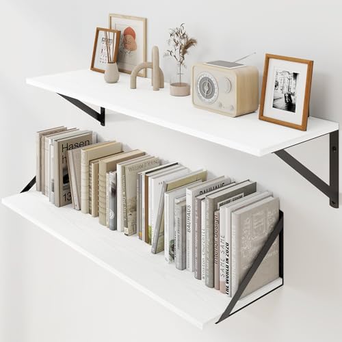 Heimlove White Deep Floating Shelves for Wall, 30W x 8D Wood Wall Shelves Set of 2, Wide Floating Bookshelf for Living R