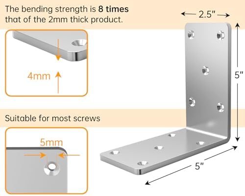 (8PCS) Heavy Duty L Brackets 5x5x2.5 for Wood,Metal Shelf Brackets,90 Degree Corner Bracket,Large Right Angle Bracket, P