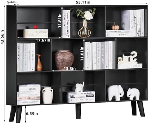 YAHARBO 10 Cube Large Bookshelf,3 Tier Bookcase with Legs,Black Mid-Century Modern Bookshelves,Wide Free Standing Open S