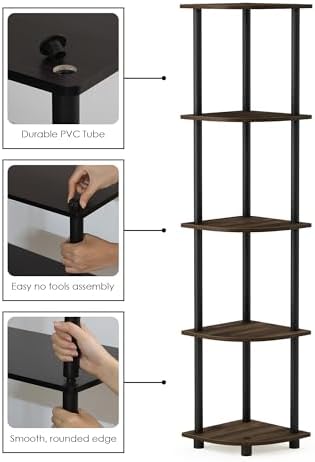 Furinno TURN-N-TUBE Corner Shelf Set of 2, 5-Tier Corner Bookshelf, Open Storage Shelves, for Organization and Storage, 
