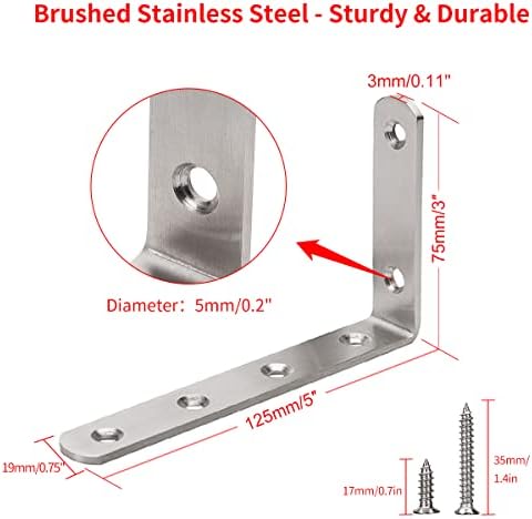 YUMORE L Bracket, 5" x 3" Max Load: 35lb/15KG Heavy Duty Stainless Steel Solid Shelf Support Corner Brace Joint Right An