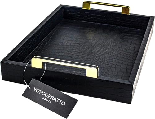 Black Serving Tray with Handles, Large Alligator Faux Leather Decorative Tray, Coffee Table, Ottoman Rectangular Trays f
