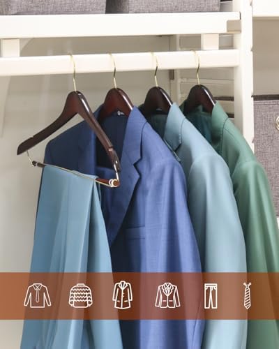 Wooden Suit Hangers 10 Pack, Premium Solid Wood Coat Hangers with Locking Pants Bar, 360° Swivel Hooks and Shoulder Notches, Dark Walnut Wood Hangers for Closet, Suits, Coats, Jackets