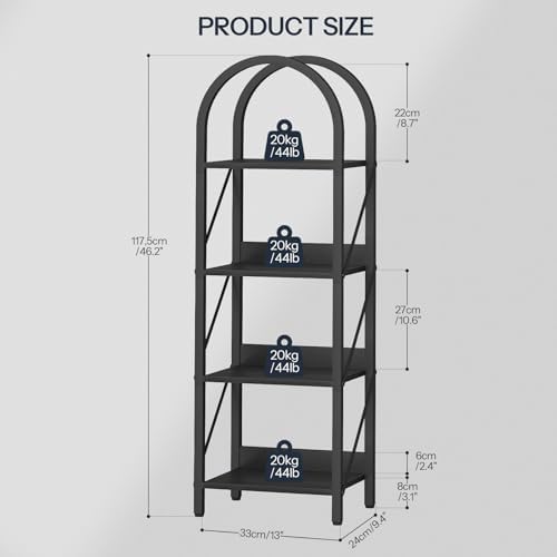 HOOBRO Bookshelf, 4-Tier Arched Bookshelf, Industrial Bookcase with Metal Frame, Small Book Shelf Storage Organizer for 