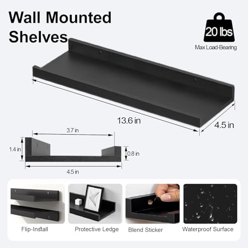 Black Floating Shelves for Wall Decor, 14 in Shelf with Lip Set of 2