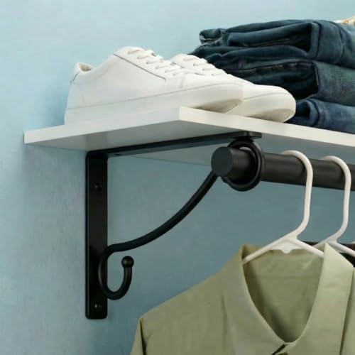 Closet Rod Bracket, 12 Inch –14 Inch Hook Shelf Brackets Heavy Duty Wall Mounted, Black Closet Rod Support Brackets for 