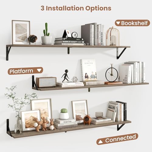 Axeman 48 Inch Floating Shelves, 8 Inch Deep Grey Wall Shelves Set of 2