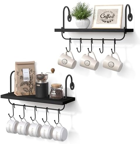 Olakee Floating Wall Shelves for Kitchen Bathroom Coffee Nook with 10 Adjustable Hooks for Mugs Cooking Utensils or Towe