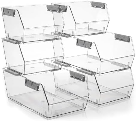 HOMESTEAD Set of 6 Stackable Storage Bins, 3 Large + 3 Small Clear Plastic Organizer Bins, Open Front Design for Kitchen