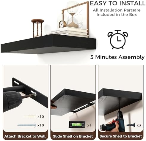32 Inch Floating Shelves for Wall, 6.5"D Wood Storage Shelves, Black Finish