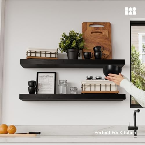 Solid Wood Floating Shelves for Wall 30 Inches Long, Black Wooden Shelf