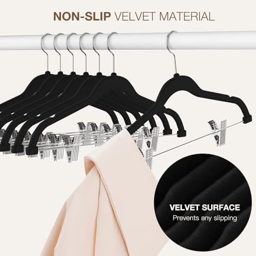 Korpai 24-Pack Black Velvet Hangers with Clips Adjustable,Outfit Hangers,Heavy-Duty,Non-Slip,Space Saving, Felt Hanger for Pants, Skirts, Suits,Coats, Dresses ect.