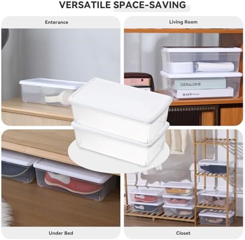 novelinks 12 Pack 6QT Plastic Storage Bins with Lids, Shoe Boxes (White)