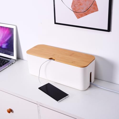Changsuo Cable Management Box Small White, Extension Cord Organizer for Power Stripe Surge Protector Wire Management Con