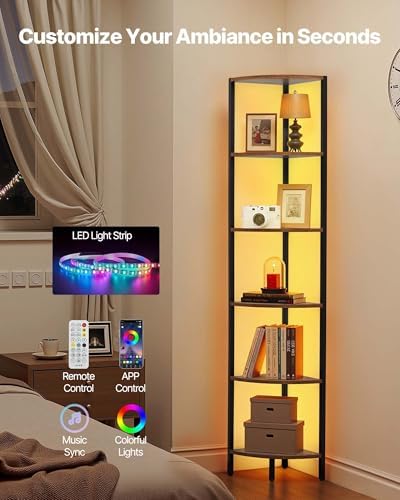 VEVOR 6 Tier Corner Shelf with LED Light, 68" Tall Corner Bookshelf with Storage Shelves for Collectibles, Display Shelf