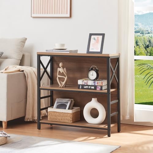 MNEETRUNG Small Bookshelf,3 Tier Industrial Bookcase with Metal Frame and Backboard,Low Rustic Brown Book Shelf,Book cas