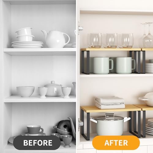 Kitchen Cabinet Organizer Shelf Set of 4, Sturdy Kitchen Counter Shelves with Metal Legs, Stackable Expandable Wood Spic