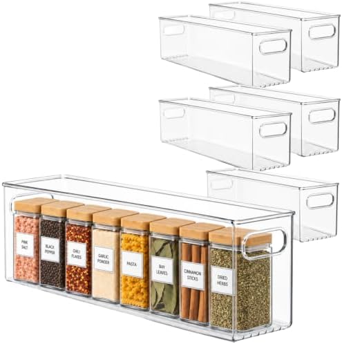 Plastic Food Storage 6 Pack Clear Container Bin with Handles for Organizing Kitchen, Pantry, Refrigerator, Freezer, Pant