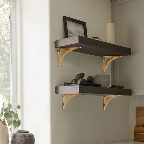 Khtumeware 100% Solid Brass Decorative Shelf Brackets, 4.5-inch Wall-Mounted Shelving Brackets, 2-Pack Antique Brass Vin