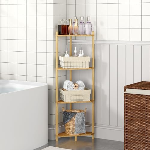 Corner Shelf Stand - 4 Tier Bamboo Small Corner Bookshelf for Office Kitchen Bedroom Plant Stand Living Room Decor Small