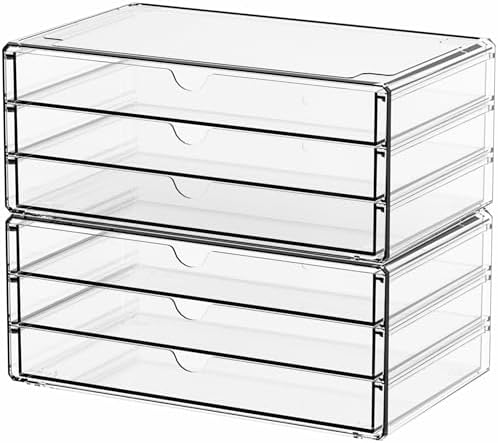 Yieach 2 Pack Acrylic Storage Drawers With 6 Drawers,Stackable Desk Organizer and Makeup Organizer,Large Clear Office Su