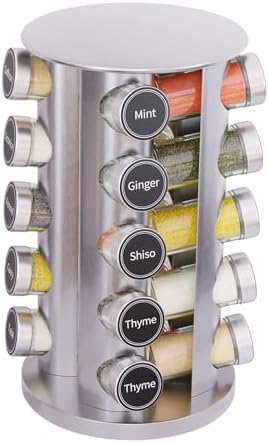 New England Stories Revolving Spice Rack Set with 20 Spice Jars, Kitchen Spice Tower Organizer for Countertop or Cabinet