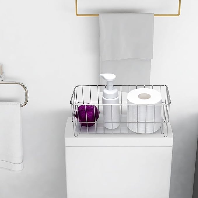 HANZE [Set of 3] Small Metal Wire Storage Organizer Basket Bins, Baskets for Household Purposes - Silver