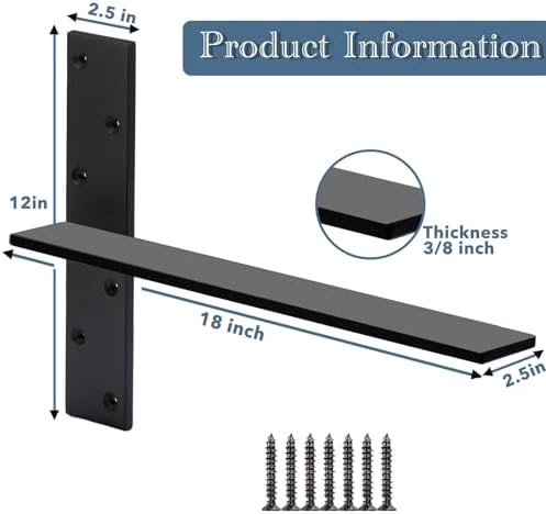 Free Hanging Countertop Support Bracket 20" Lx2.5 W 3 Pack Black Heavy Duty Hidden Floating Wall Shelf Bracket 3/8" Thic