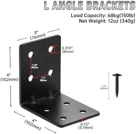 4 PCS Heavy Duty Steel Corner Brackets, 4"x4"x3" 90 Degree L Right Angle Bracket, DIY L Shelf Brackets, Metal Joint Timb