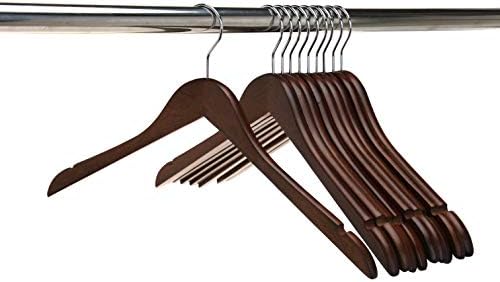 Quality Semi Curved Wooden Suit Hangers, 10-Pack Smooth Finish Solid Wood Coat Hanger with Swivel Hook, Jacket, Pant, Dr