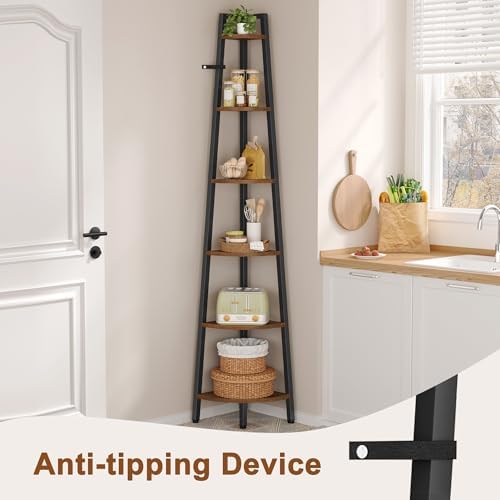 Hoctieon Corner Shelf, 6-Tier Corner Bookshelf, Rustic Ladder Shelf, Industrial Display Stand for Living Room, Kitchen, 