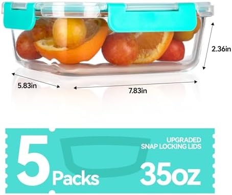 BAYZZ 5 Pack 35 Oz Glass Food Storage Containers with Lids, Green