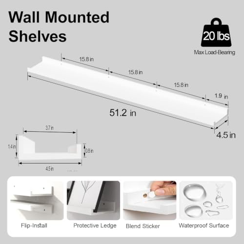 White Floating Shelves for Wall Decor, 52 in Shelf with Lip Set of 2