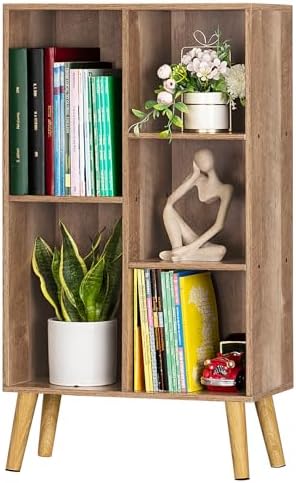 LEYAOYAO 5 Cube Bookshelf, Mid-Century Modern Book Shelf with Legs, Oak