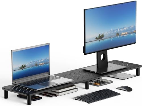 Husky Mounts Large Dual Monitor Stand Riser, Adjustable Legs, 39" x 9.25" x 5.5" Max Height, Matte Black Steel