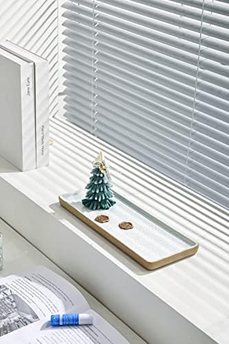Vanity Tray with Brown Trim - Rectangular White Candle & Perfume Holder Organizer - 12"4.7" for Dresser, Table, Bathroom